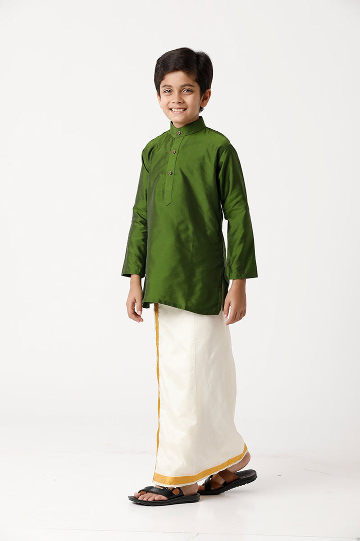 UATHAYAM Rising Ideal Poly Taffeta Full Sleeve Solid Regular Fit Kids Kurta + Dhoti + Towel 3 In 1 Set (Green)