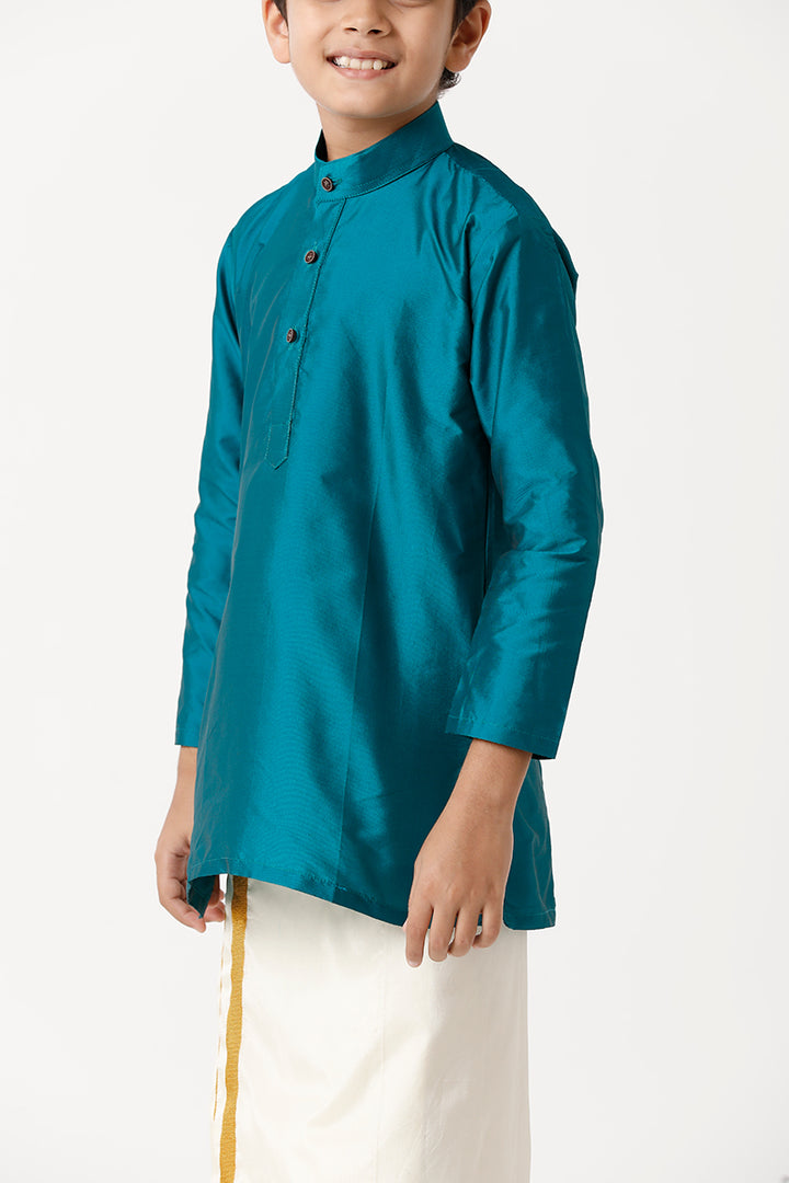 UATHAYAM Rising Ideal Poly Taffeta Full Sleeve Solid Regular Fit Kids Kurta + Dhoti + Towel 3 In 1 Set (Ramar Green)