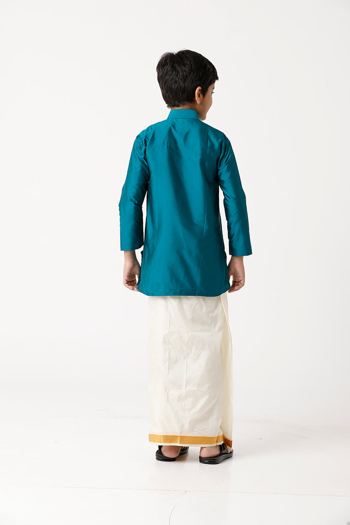 UATHAYAM Rising Ideal Poly Taffeta Full Sleeve Solid Regular Fit Kids Kurta + Dhoti 2 In 1 Set (Ramar Green)