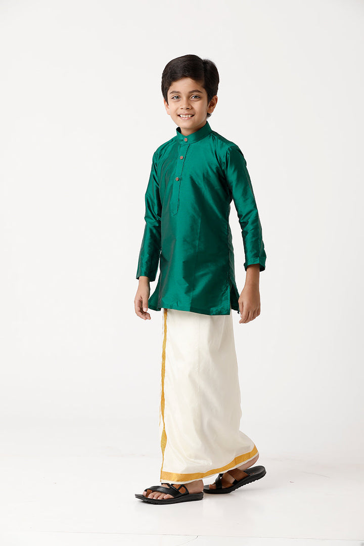 UATHAYAM Rising Ideal Poly Taffeta Full Sleeve Solid Regular Fit Kids Kurta + Dhoti + Towel 3 In 1 Set (Dark Green)