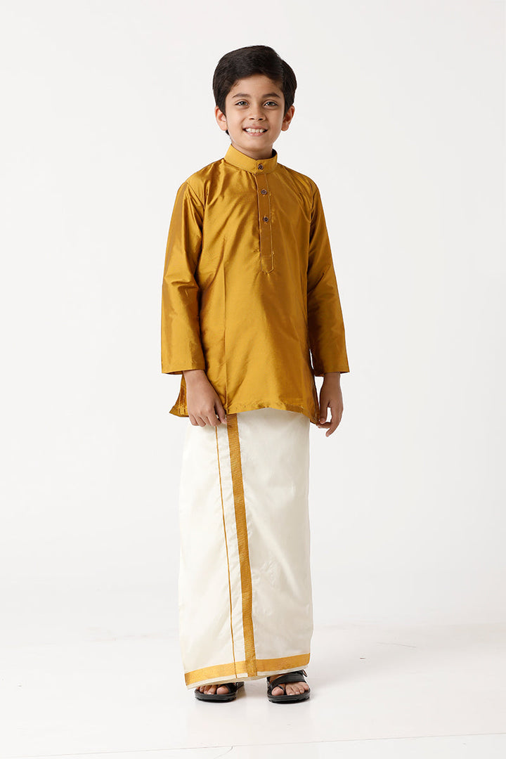 UATHAYAM Rising Ideal Poly Taffeta Full Sleeve Solid Regular Fit Kids Kurta + Dhoti + Towel 3 In 1 Set (Golden Yellow)