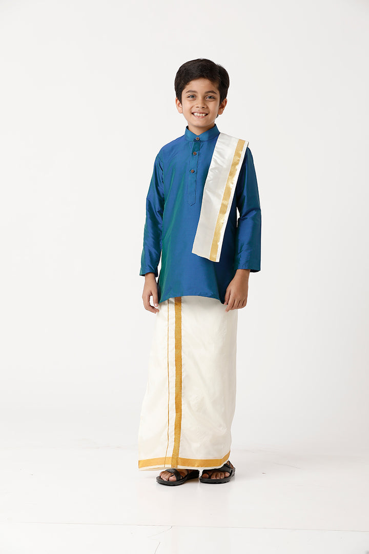 UATHAYAM Rising Ideal Poly Taffeta Full Sleeve Solid Regular Fit Kids Kurta + Dhoti + Towel 3 In 1 Set (Ramar Blue)