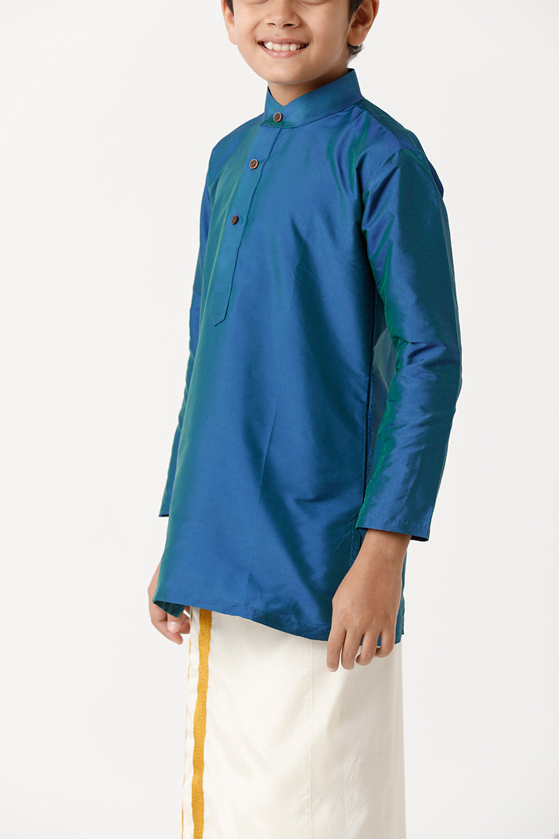 UATHAYAM Rising Ideal Poly Taffeta Full Sleeve Solid Regular Fit Kids Kurta + Dhoti 2 In 1 Set (Ramar Blue)