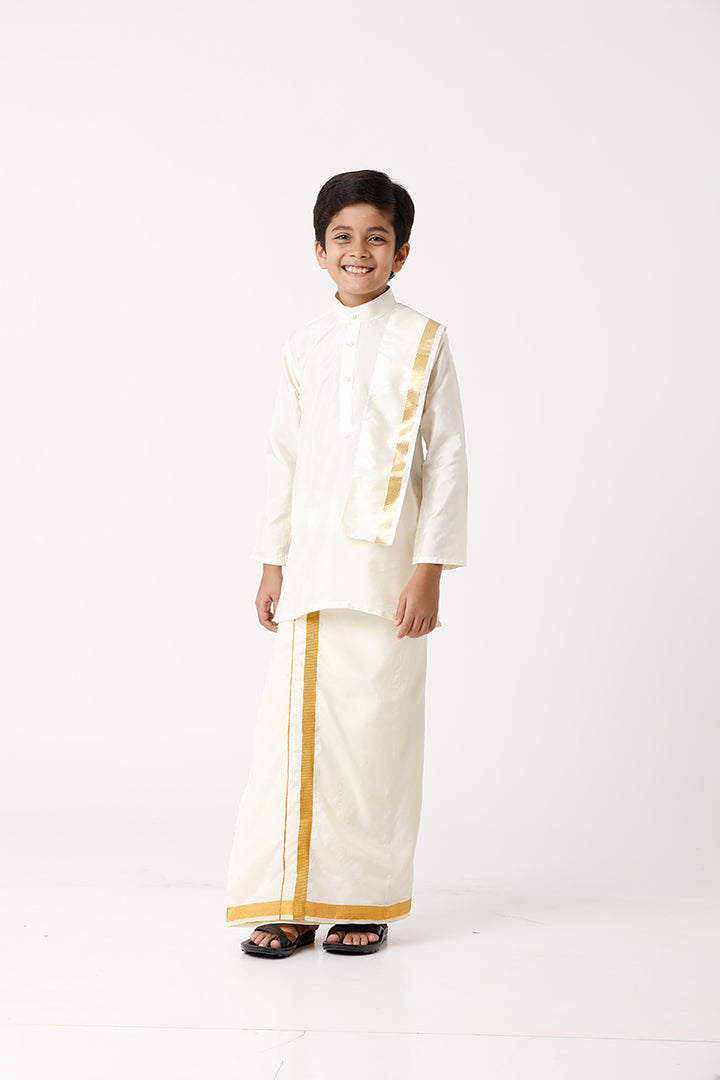 UATHAYAM Ideal Kurta Full Sleeve Solid Regular Fit Kids Silk Cream Kurta + Dhoti + Towel 3 In 1 Set