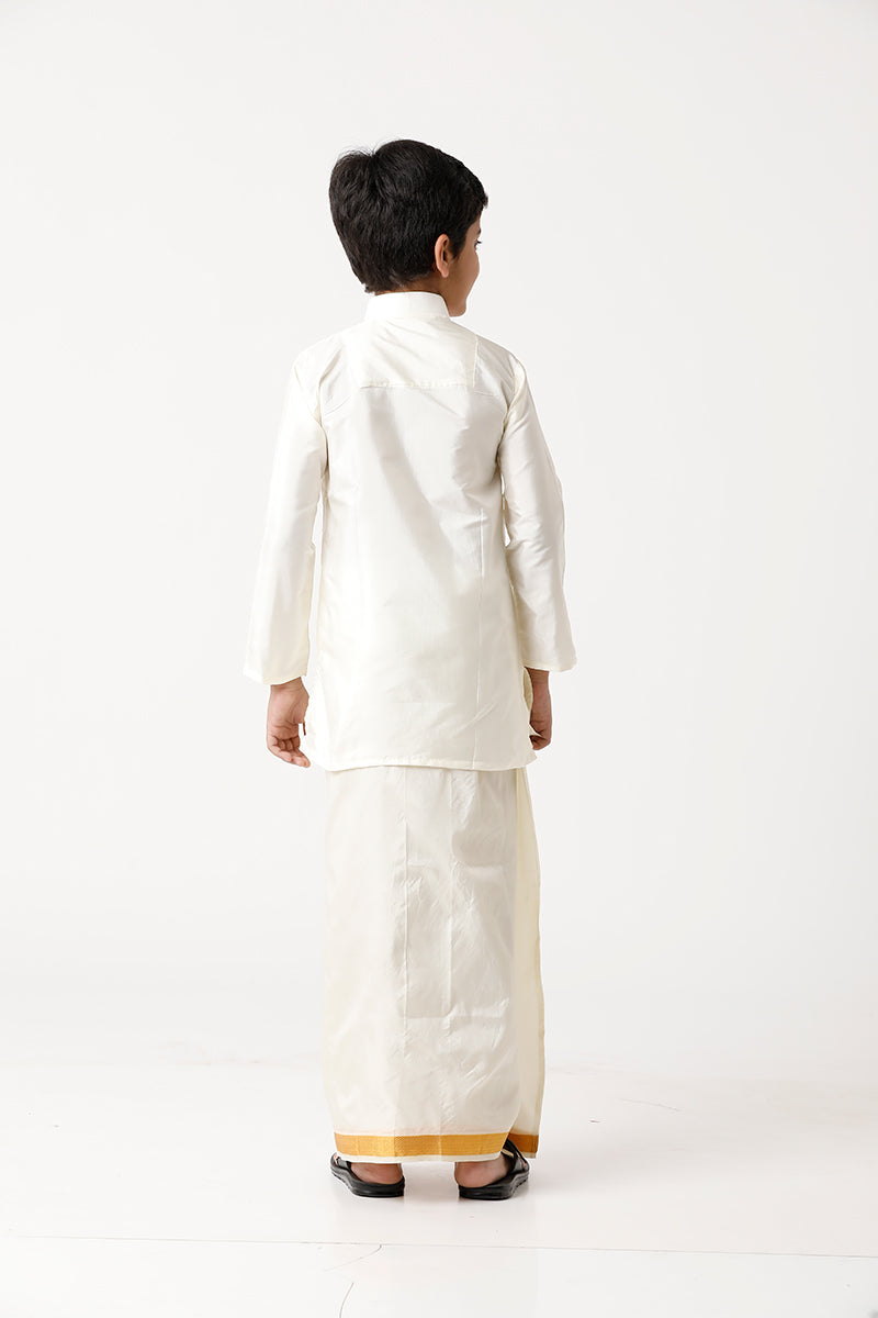 UATHAYAM Ideal Kurta Full Sleeve Solid Regular Fit Kids Silk Cream Kurta + Dhoti + Towel 3 In 1 Set