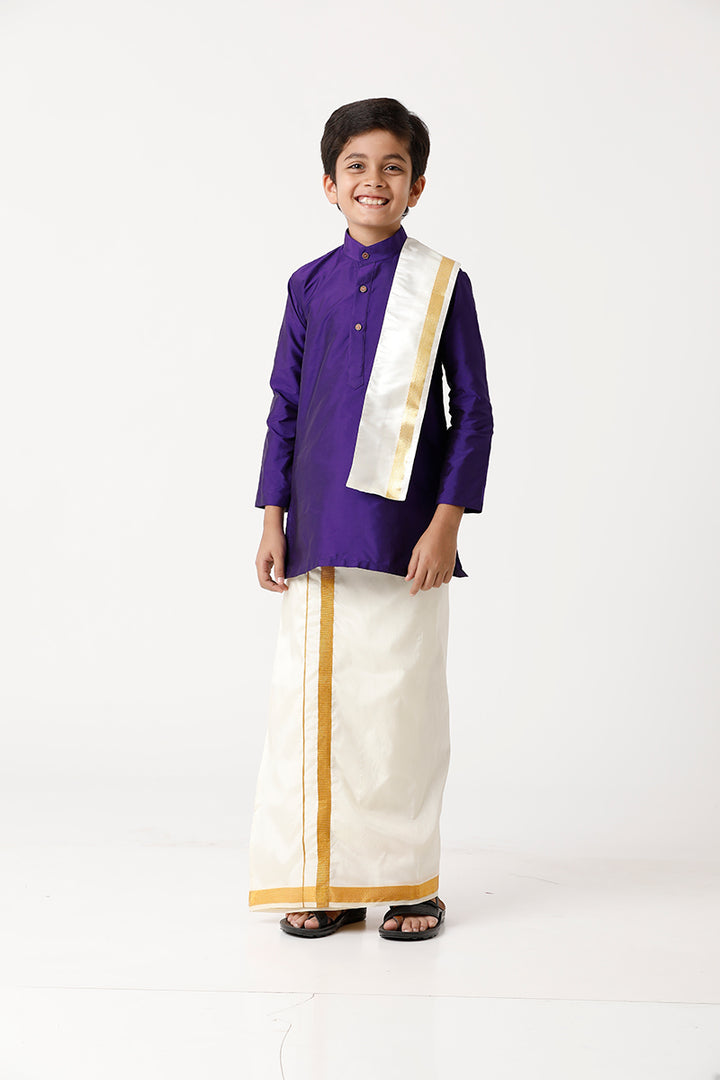 UATHAYAM Rising Ideal Poly Taffeta Full Sleeve Solid Regular Fit Kids Kurta + Dhoti + Towel 3 In 1 Set (Violet)