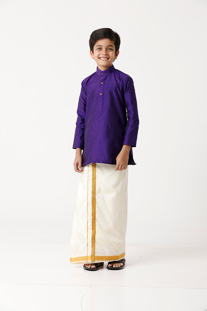 UATHAYAM Rising Ideal Poly Taffeta Full Sleeve Solid Regular Fit Kids Kurta + Dhoti + Towel 3 In 1 Set (Violet)