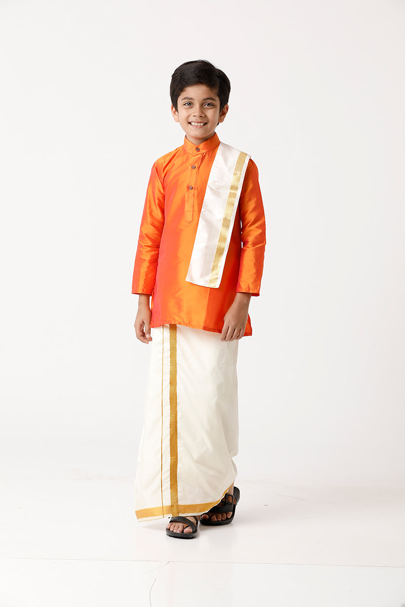 UATHAYAM Rising Ideal Poly Taffeta Full Sleeve Solid Regular Fit Kids Kurta + Dhoti 3 In 1 Set (Orange)