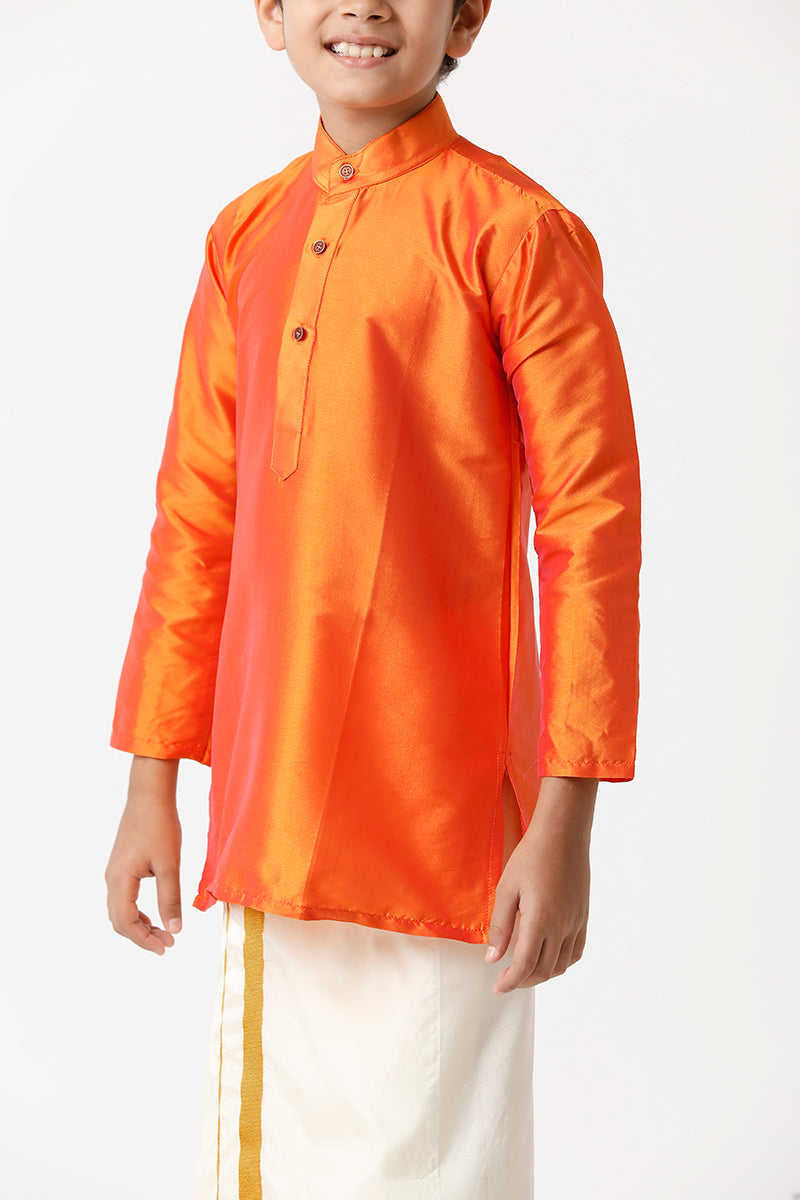 UATHAYAM Rising Ideal Poly Taffeta Full Sleeve Solid Regular Fit Kids Kurta + Dhoti 3 In 1 Set (Orange)