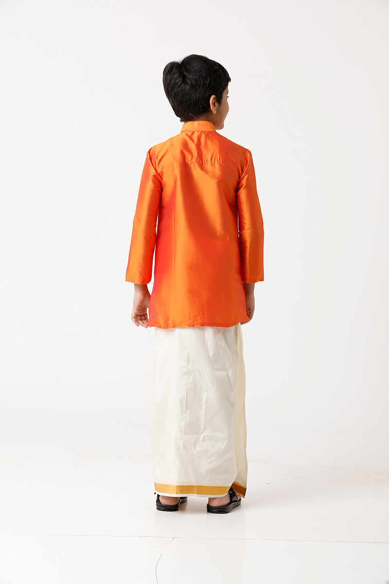 UATHAYAM Rising Ideal Poly Taffeta Full Sleeve Solid Regular Fit Kids Kurta + Dhoti 2 In 1 Set (Orange)