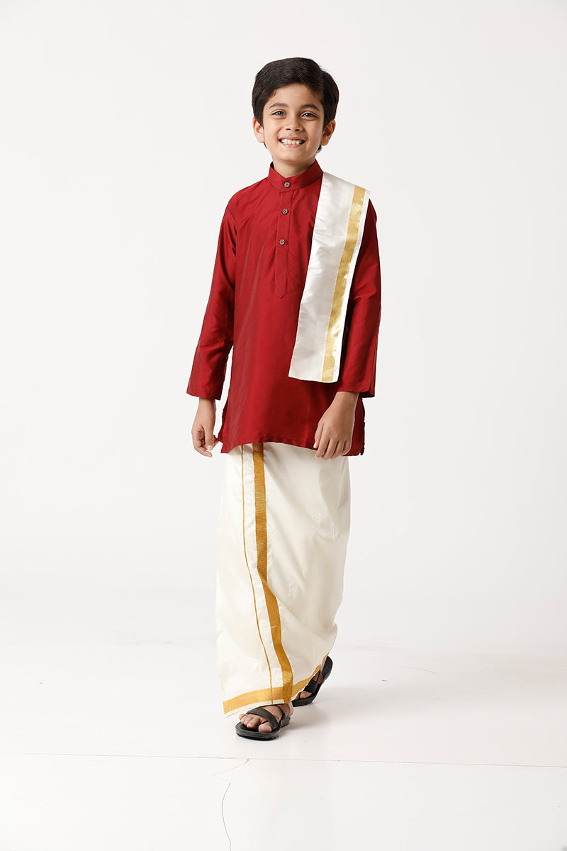 UATHAYAM Rising Ideal Poly Taffeta Full Sleeve Solid Regular Fit Kids Kurta + Dhoti + Towel 3 In 1 Set (Red)