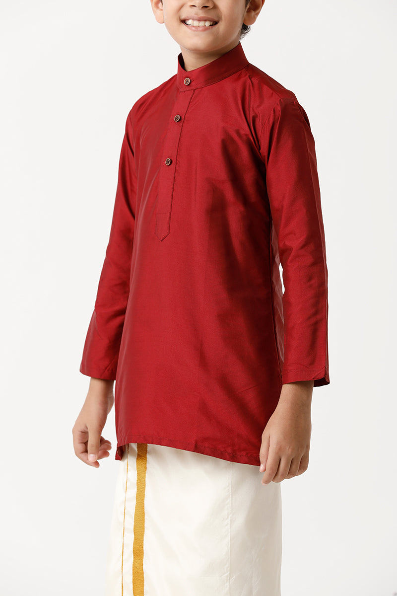 UATHAYAM Rising Ideal Poly Taffeta Full Sleeve Solid Regular Fit Kids Kurta + Dhoti 2 In 1 Set (Red)