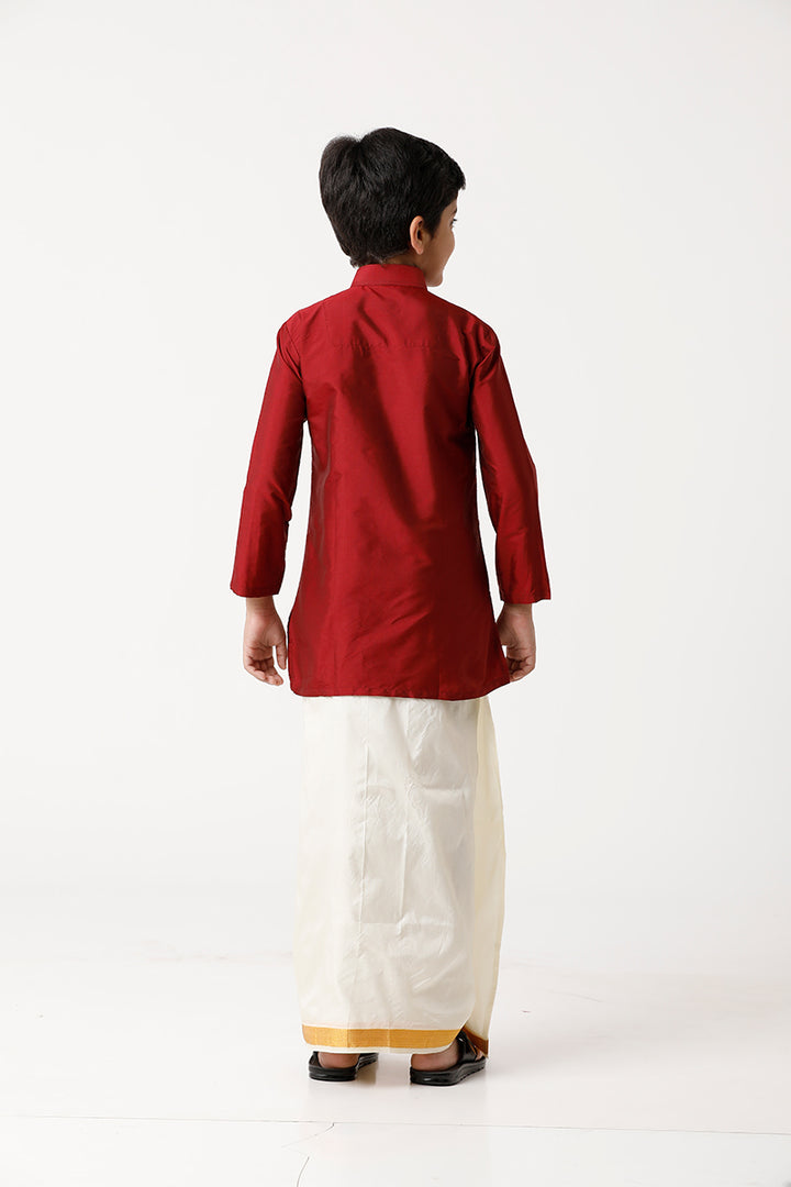 UATHAYAM Rising Ideal Poly Taffeta Full Sleeve Solid Regular Fit Kids Kurta + Dhoti 2 In 1 Set (Red)