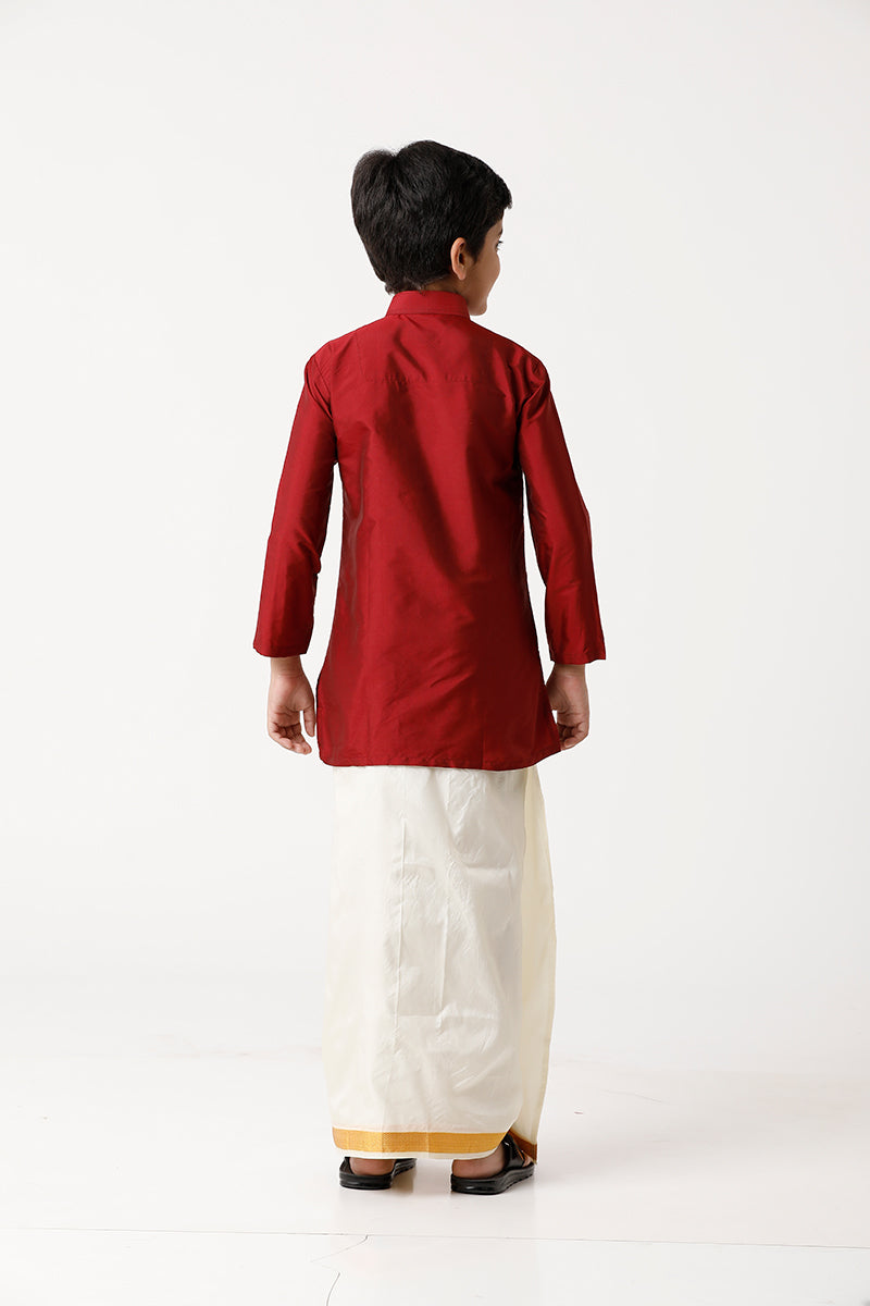 UATHAYAM Rising Ideal Poly Taffeta Full Sleeve Solid Regular Fit Kids Kurta + Dhoti + Towel 3 In 1 Set (Red)