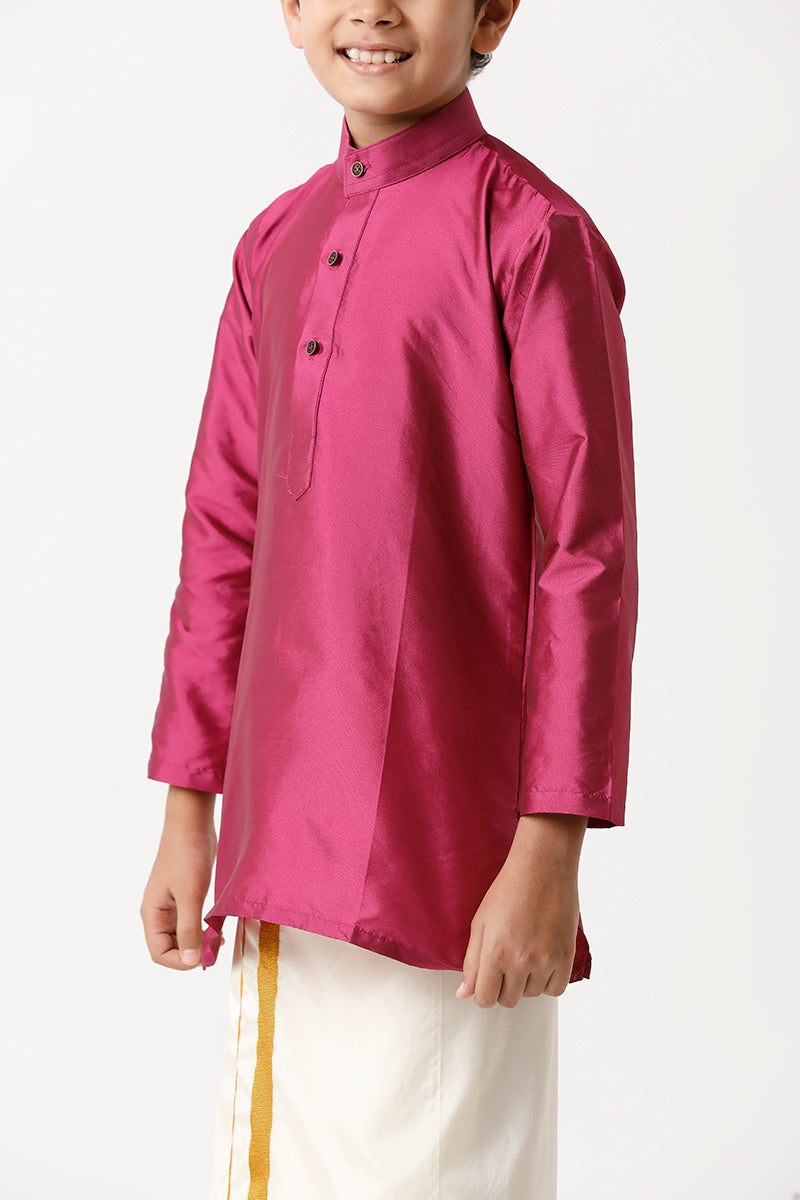 UATHAYAM Rising Ideal Poly Taffeta Full Sleeve Solid Regular Fit Kids Kurta + Dhoti + Towel 3 In 1 Set (Pink)