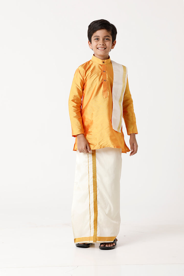 UATHAYAM Rising Ideal Poly Taffeta Full Sleeve Solid Regular Fit Kids Kurta + Dhoti + Towel 3 In 1 Set (Yellow)