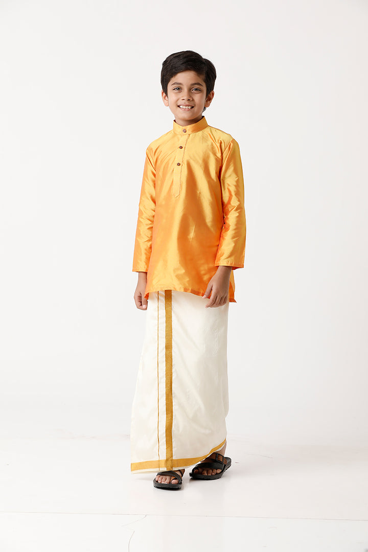 UATHAYAM Rising Ideal Poly Taffeta Full Sleeve Solid Regular Fit Kids Kurta + Dhoti 2 In 1 Set (Yellow)
