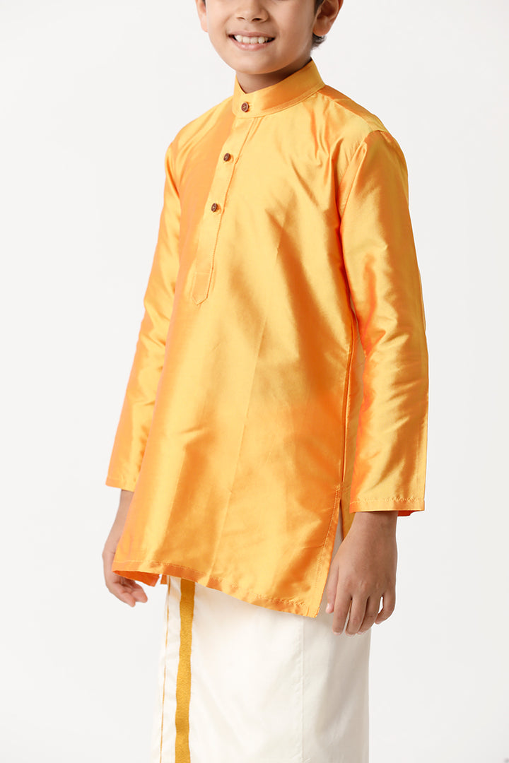 UATHAYAM Rising Ideal Poly Taffeta Full Sleeve Solid Regular Fit Kids Kurta + Dhoti + Towel 3 In 1 Set (Yellow)