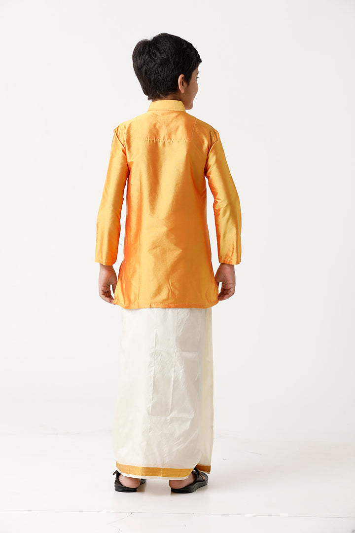 UATHAYAM Rising Ideal Poly Taffeta Full Sleeve Solid Regular Fit Kids Kurta + Dhoti 2 In 1 Set (Yellow)