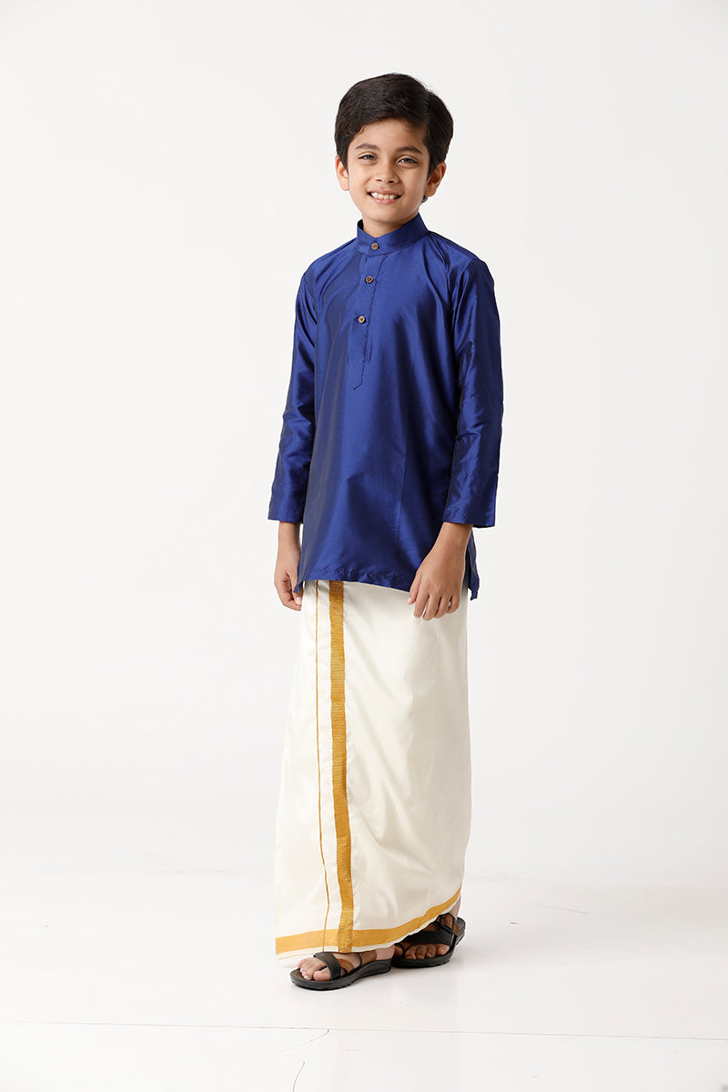 UATHAYAM Rising Ideal Poly Taffeta Full Sleeve Solid Regular Fit Kids Kurta + Dhoti 2 In 1 Set ( Blue)