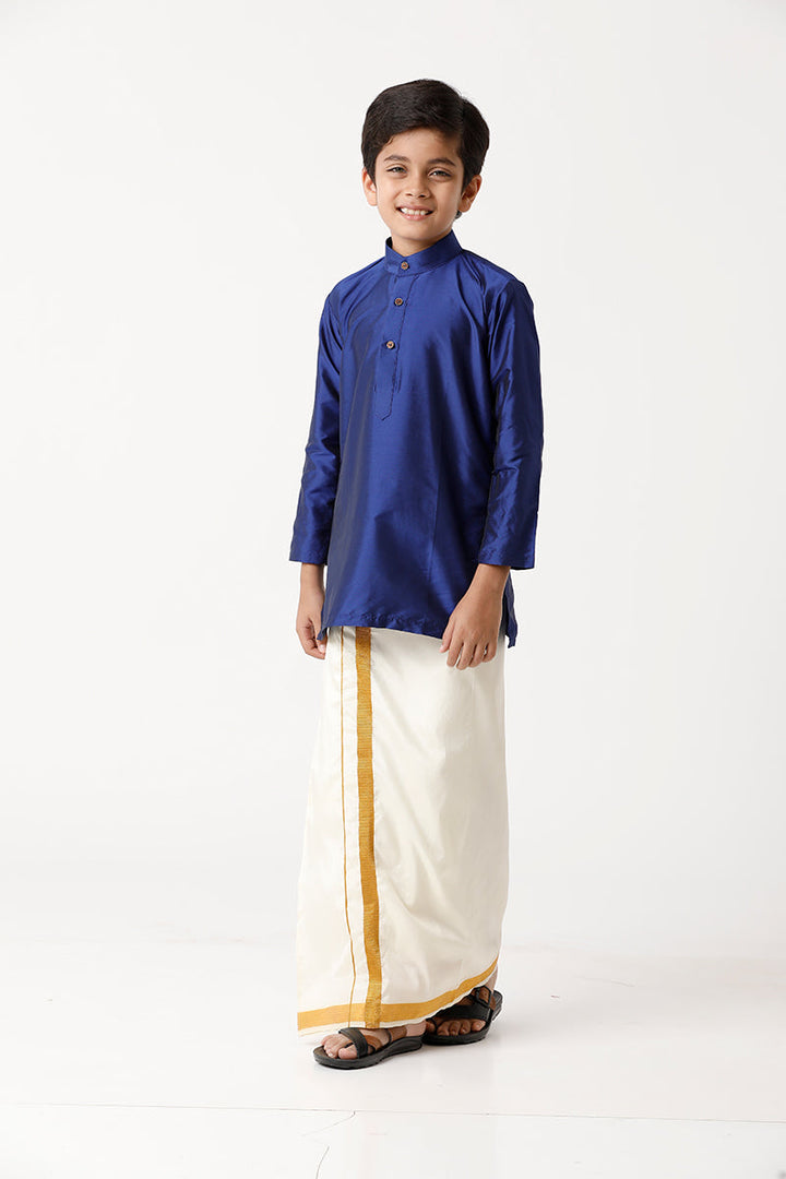 UATHAYAM Rising Ideal Poly Taffeta Full Sleeve Solid Regular Fit Kids Kurta + Dhoti +Towel 3 In 1 Set ( Blue)