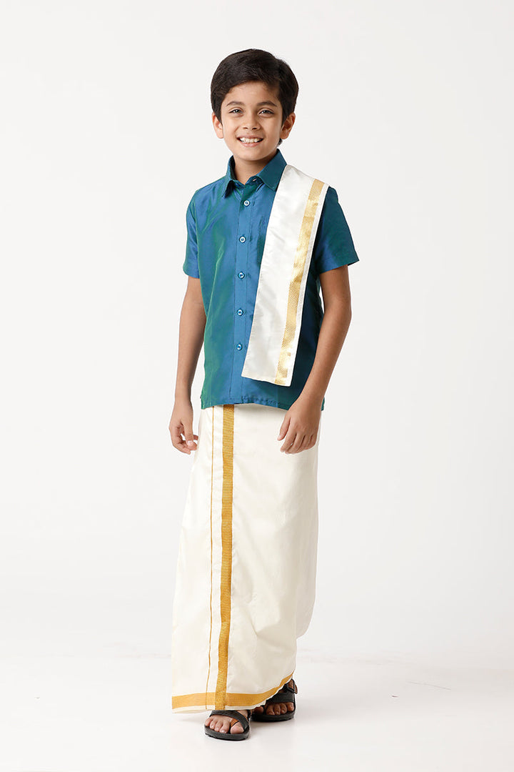 Rising Star - Peacock Blue Matching Fixit Dhoti and Shirt 3 in 1 Set For Kids | Uathayam