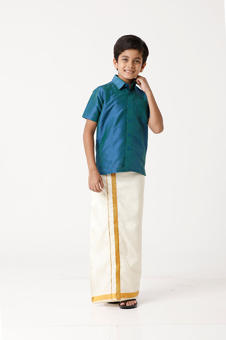 UATHAYAM Rising Star Poly Taffeta Half Sleeve Solid Regular Fit Kids Shirt + Dhoti + Towel 3 In 1 Set (Peacock Blue)