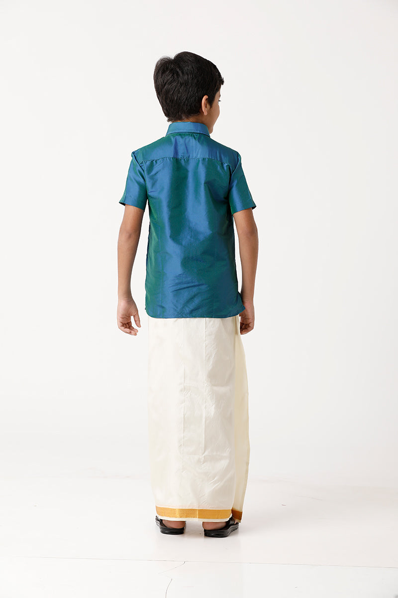 UATHAYAM Rising Star Poly Taffeta Half Sleeve Solid Regular Fit Kids Shirt + Dhoti + Towel 3 In 1 Set (Peacock Blue)