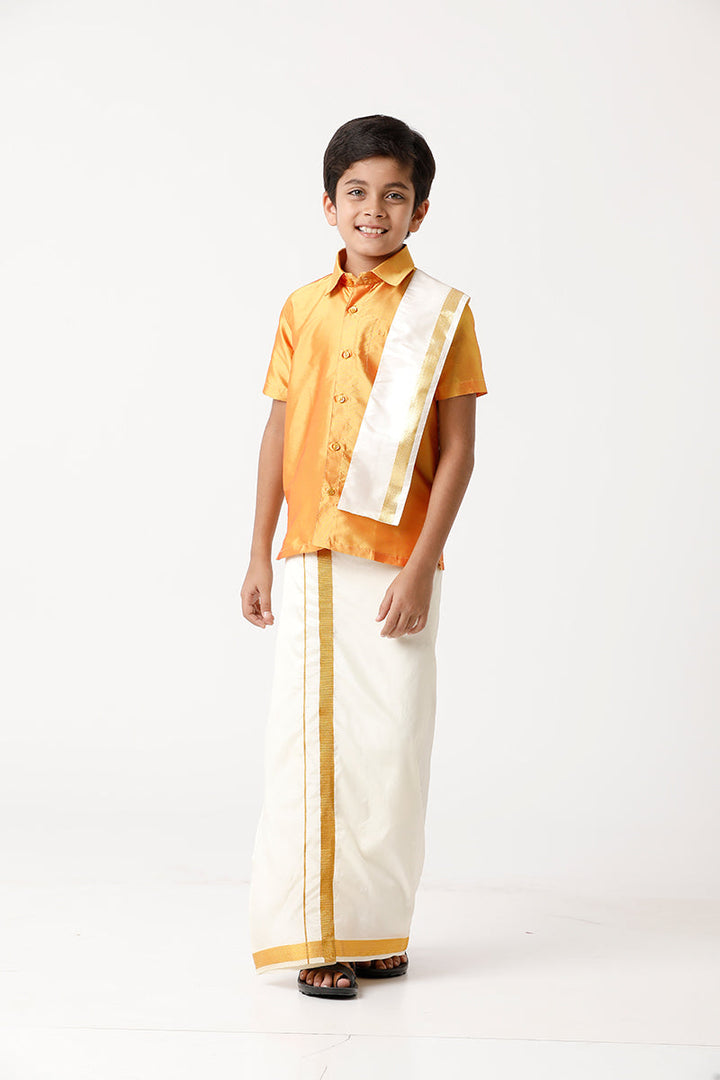 Rising Star - Yellow Matching Fixit Dhoti and Shirt 3 in 1 Set For Kids | Uathayam