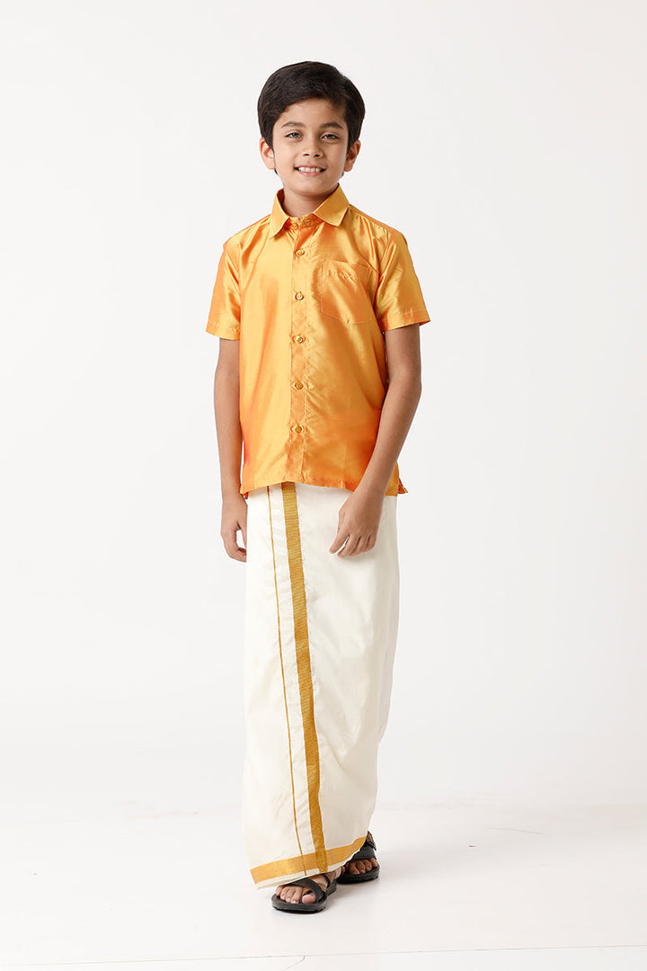 UATHAYAM Rising Star Poly Taffeta Half Sleeve Solid Regular Fit Kids Shirt + Dhoti + Towel 3 In 1 Set (Yellow)