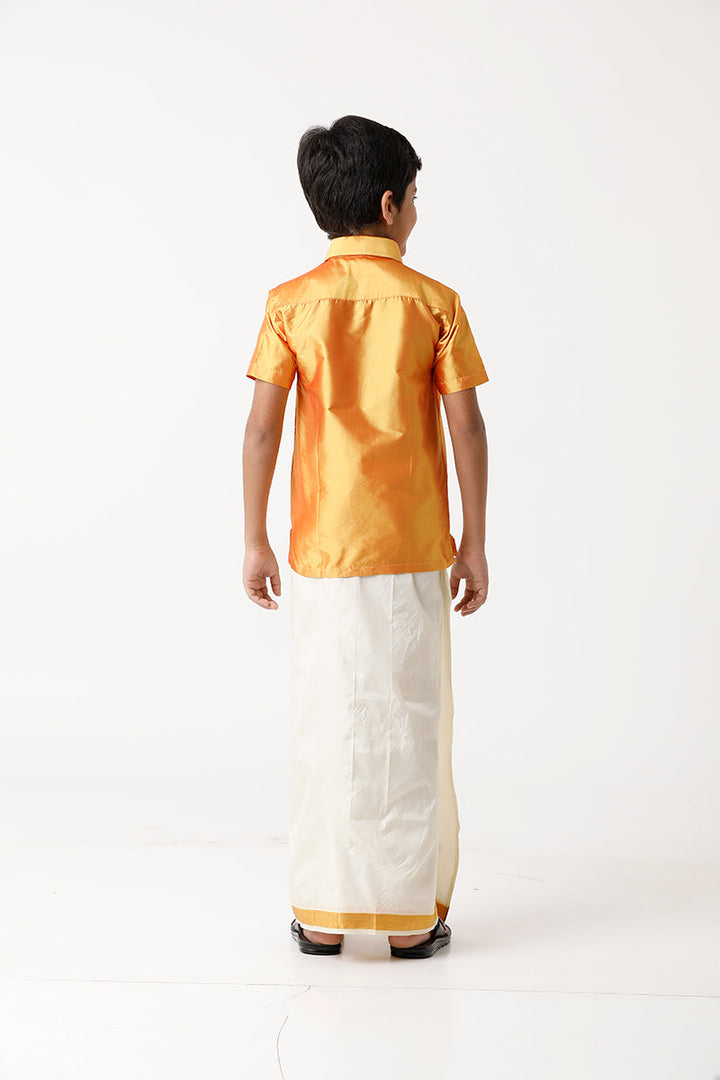 Rising Star - Bright Yellow Matching Fixit Dhoti and Shirt 2 in 1 Set For Kids | Uathayam