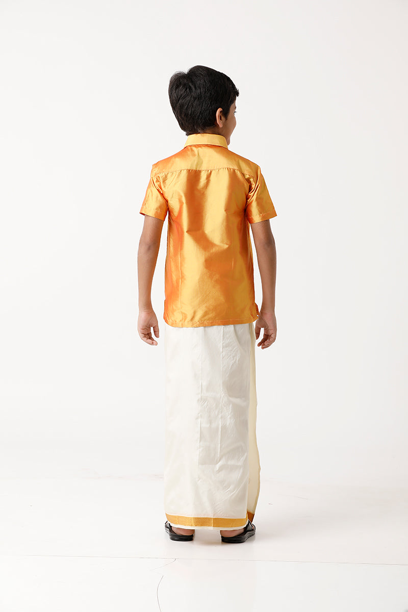 UATHAYAM Rising Star Poly Taffeta Half Sleeve Solid Regular Fit Kids Shirt + Dhoti + Towel 3 In 1 Set (Yellow)