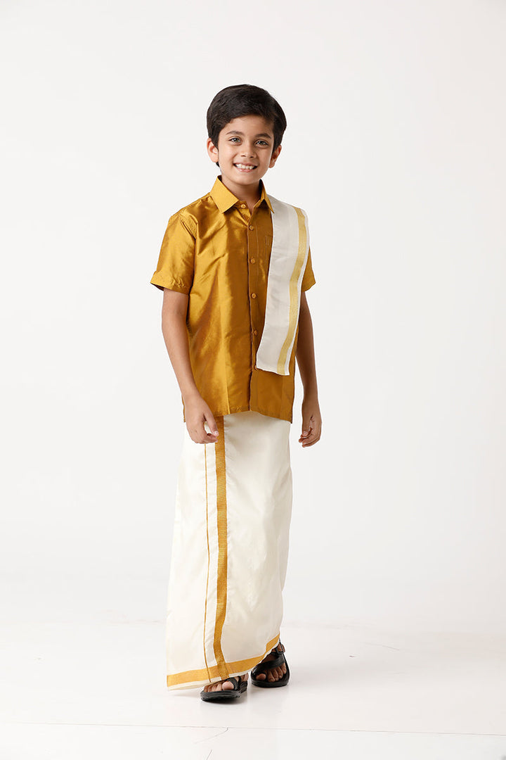 Rising Star - Golden Yellow Matching Fixit Dhoti and Shirt 3 in 1 Set For Kids | Uathayam