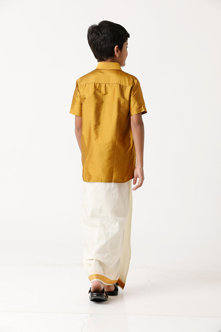 UATHAYAM Rising Star Poly Taffeta Half Sleeve Solid Regular Fit Kids Shirt + Dhoti 2 In 1 Set (Golden Yellow)