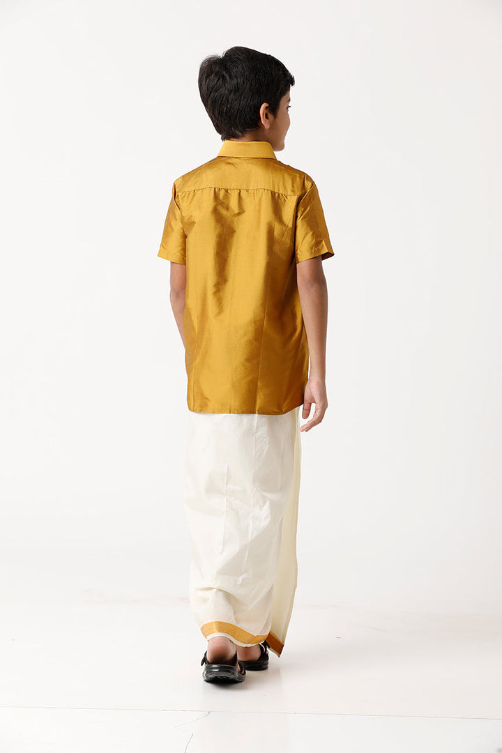 UATHAYAM Rising Star Poly Taffeta Half Sleeve Solid Regular Fit Kids Shirt + Dhoti + Towel 3 In 1 Set (Golden Yellow)