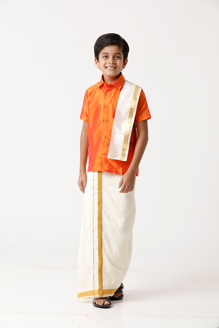 UATHAYAM Rising Star Poly Taffeta Half Sleeve Solid Regular Fit Kids Shirt + Dhoti + Towel 3 In 1 Set (Orange)