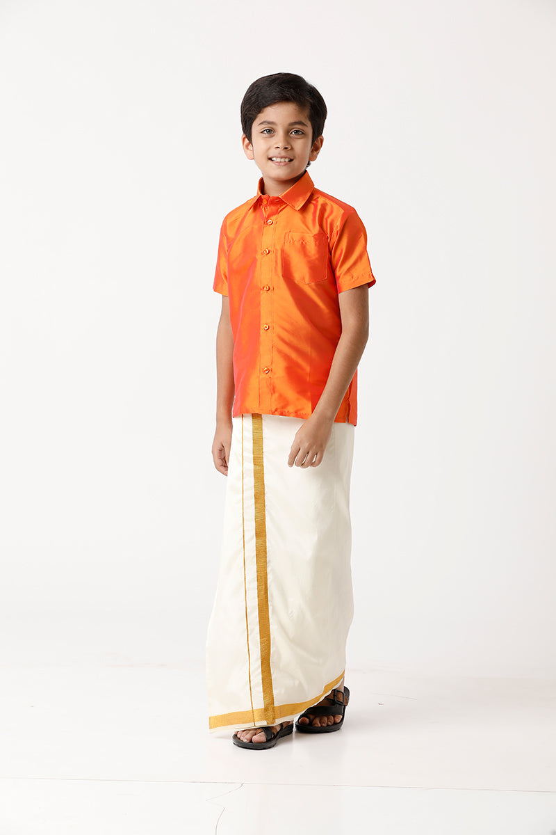 UATHAYAM Rising Star Poly Taffeta Half Sleeve Solid Regular Fit Kids Shirt + Dhoti 2 In 1 Set (Orange)