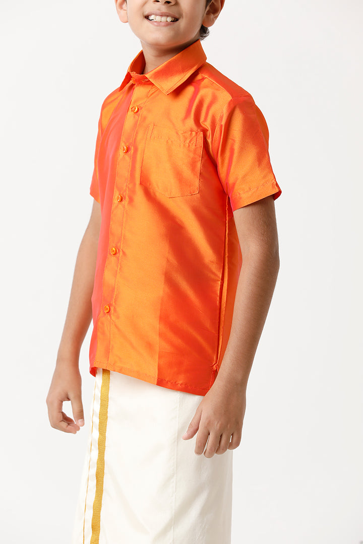UATHAYAM Rising Star Poly Taffeta Half Sleeve Solid Regular Fit Kids Shirt + Dhoti 2 In 1 Set (Orange)