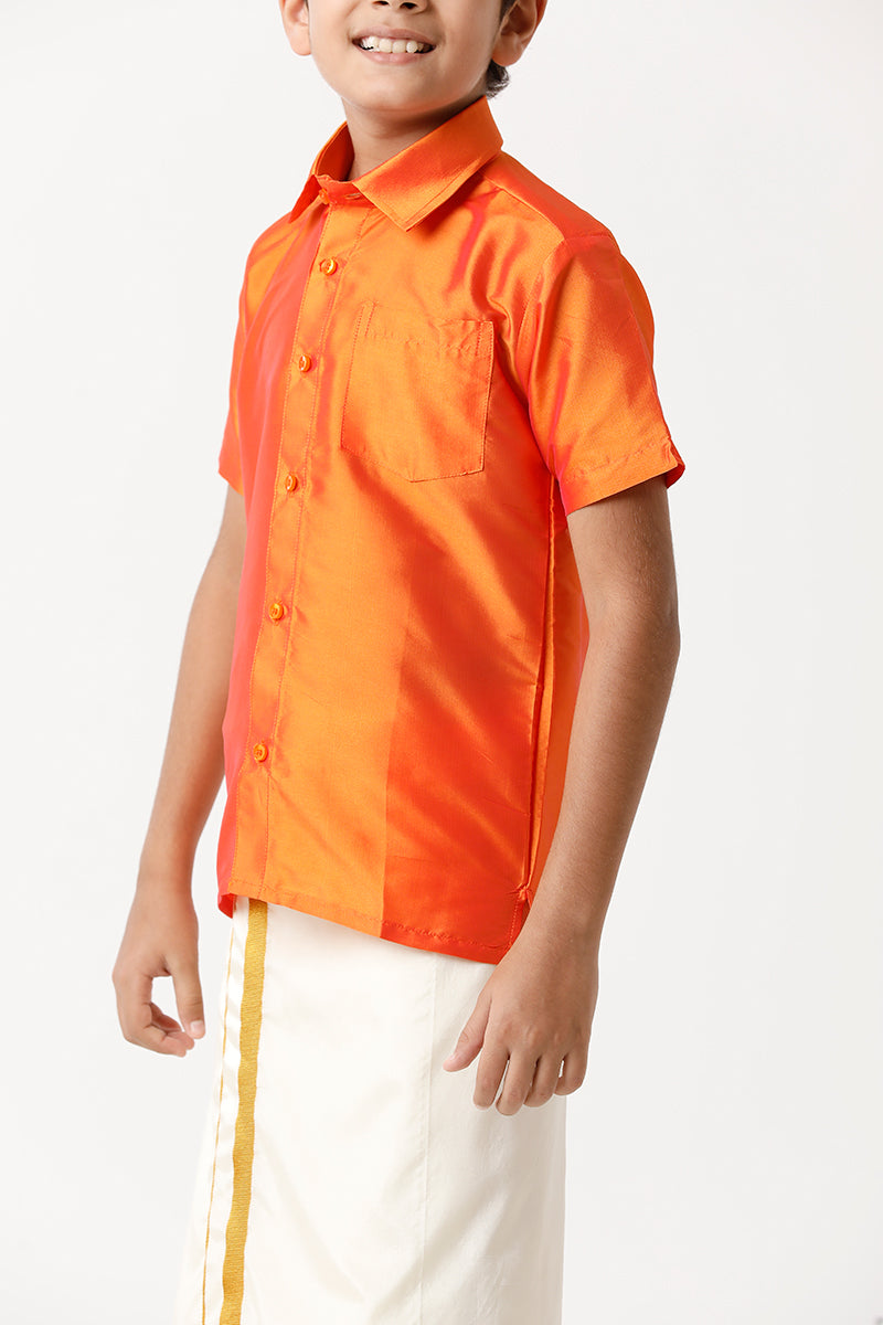UATHAYAM Rising Star Poly Taffeta Half Sleeve Solid Regular Fit Kids Shirt + Dhoti + Towel 3 In 1 Set (Orange)