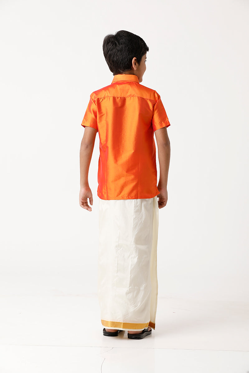 Rising Star - Orange Matching Fixit Dhoti and Shirt 2 in 1 Set For Kids | Uathayam