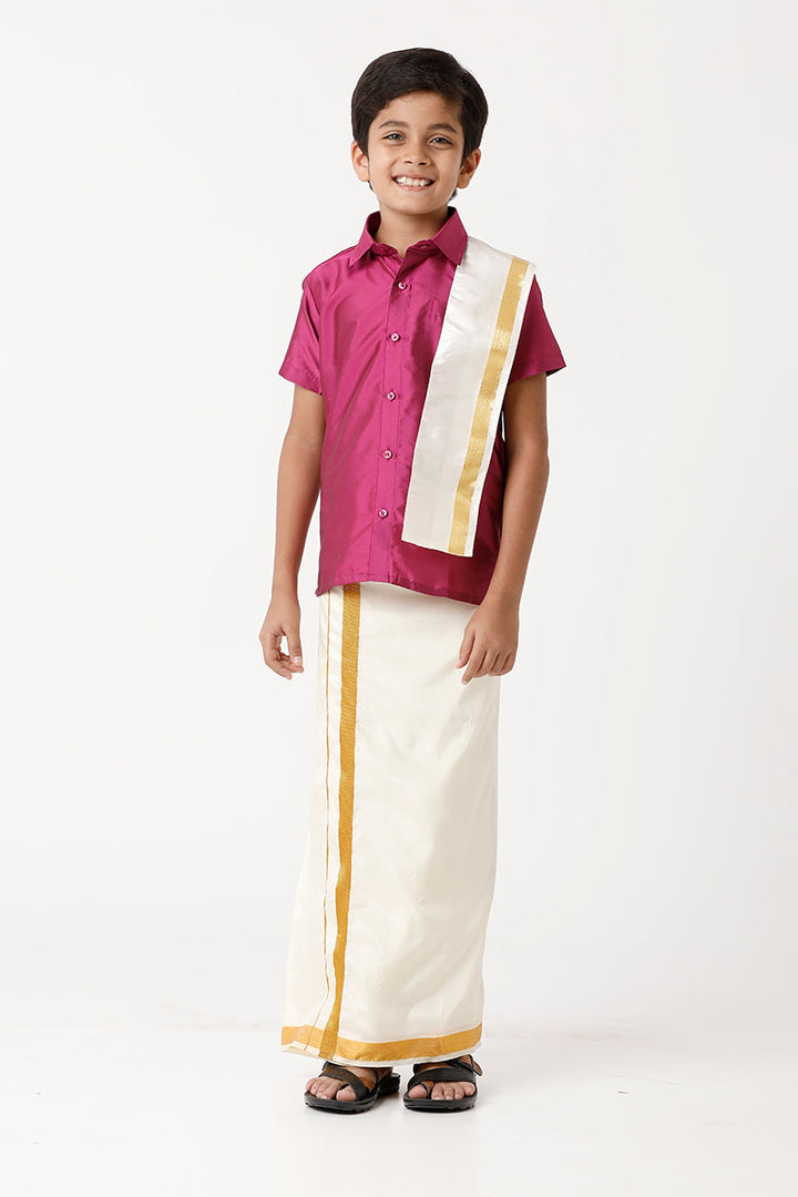 Rising Star - Pink Matching Fixit Dhoti and Shirt 3 in 1 Set For Kids | Uathayam