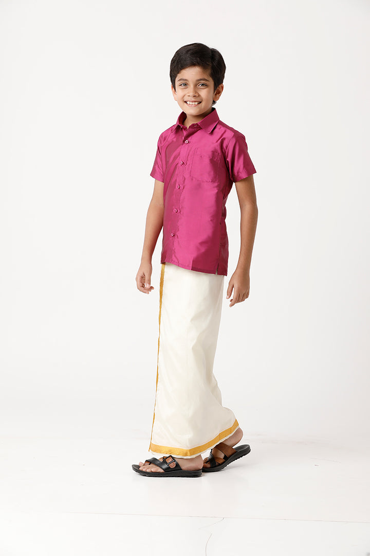 UATHAYAM Rising Star Poly Taffeta Half Sleeve Solid Regular Fit Kids Shirt + Dhoti + Towel 3 In 1 Set (Pink)