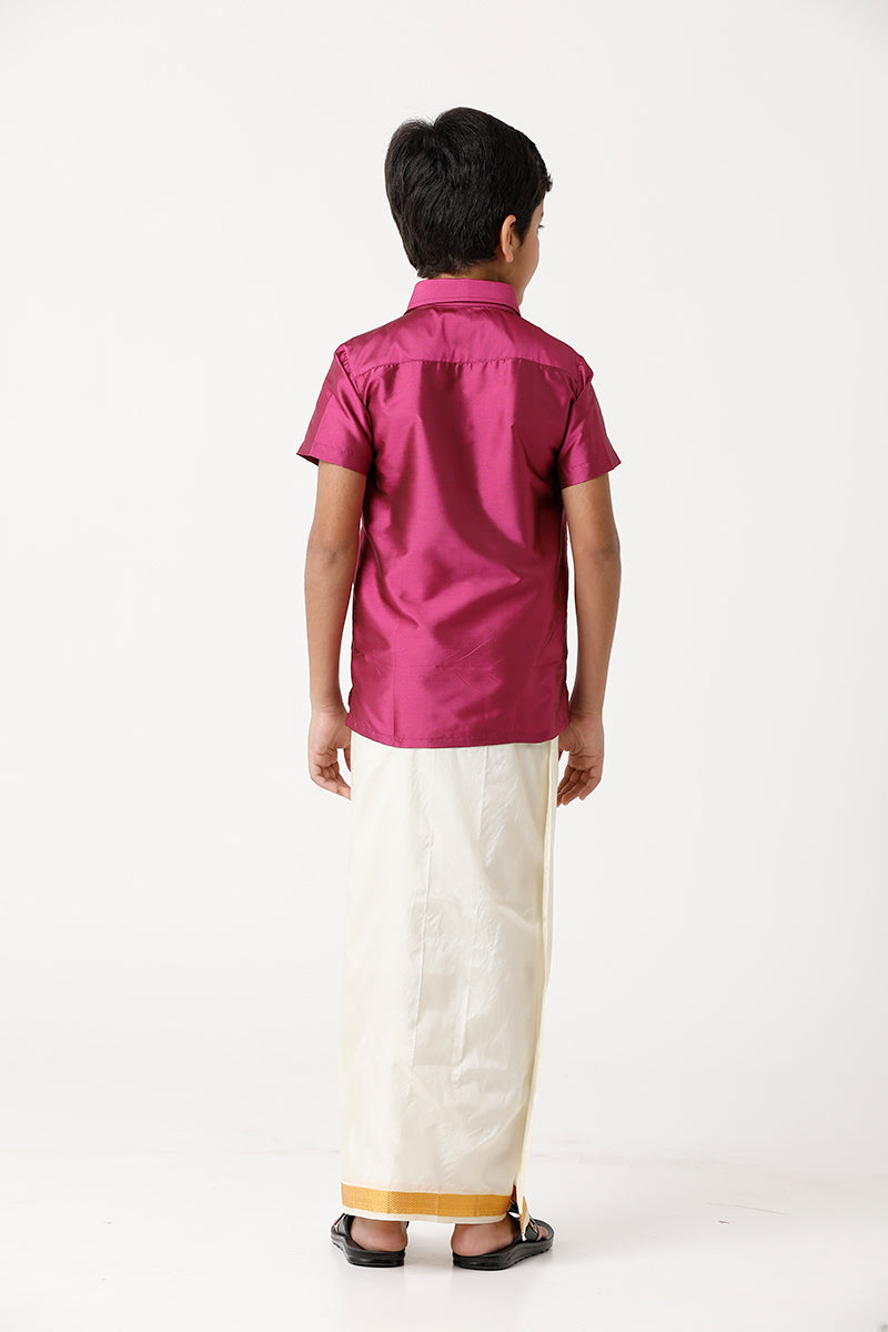 UATHAYAM Rising Star Poly Taffeta Half Sleeve Solid Regular Fit Kids Shirt + Dhoti + Towel 3 In 1 Set (Pink)