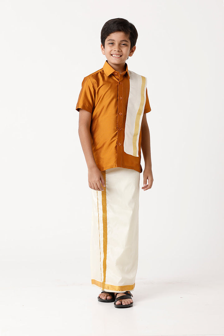 Rising Star - Mustard Yellow Matching Fixit Dhoti and Shirt 3 in 1 Set For Kids | Uathayam