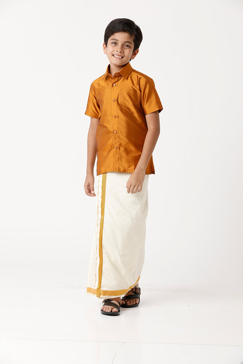 UATHAYAM Rising Star Poly Taffeta Half Sleeve Solid Regular Fit Kids Shirt + Dhoti + Towel 3 In 1 Set (Mustard Yellow)