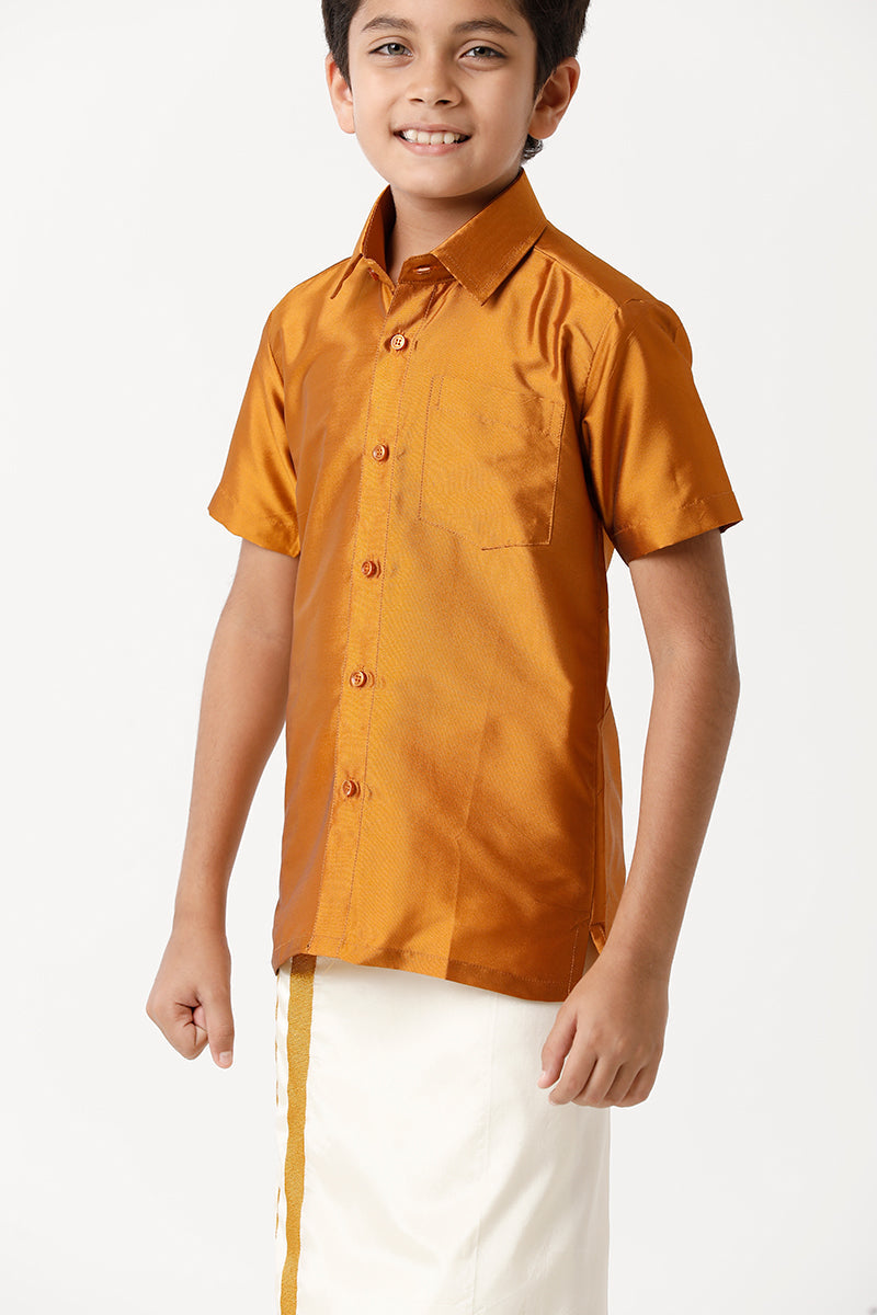UATHAYAM Rising Star Poly Taffeta Half Sleeve Solid Regular Fit Kids Shirt + Dhoti 2 In 1 Set (Mustard Yellow)