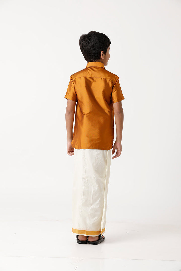 Rising Star - Mustard Yellow Matching Fixit Dhoti and Shirt 3 in 1 Set For Kids | Uathayam