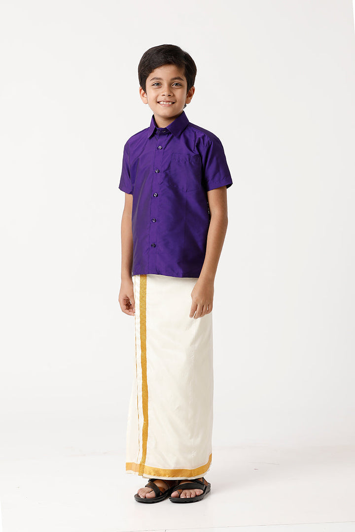 UATHAYAM Rising Star Poly Taffeta Half Sleeve Solid Regular Fit Kids Shirt + Dhoti + Towel 3 In 1 Set (Violet)