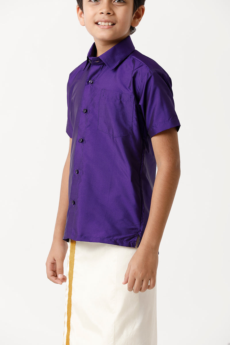 UATHAYAM Rising Star Poly Taffeta Half Sleeve Solid Regular Fit Kids Shirt + Dhoti 2 In 1 Set (Violet)