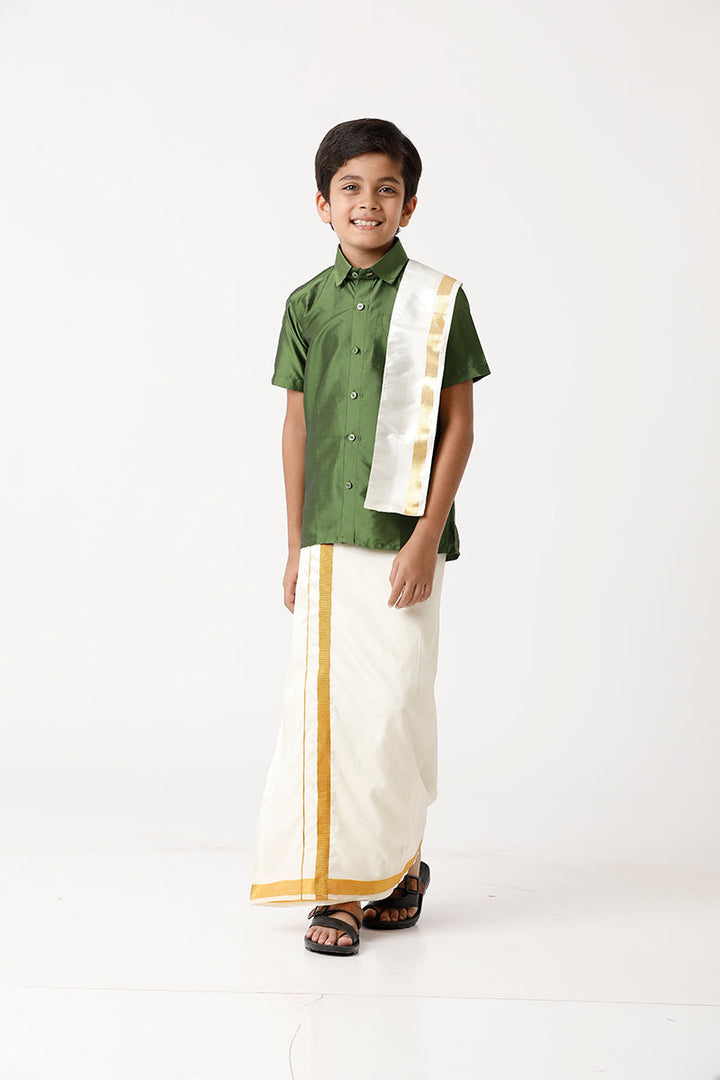 Rising Star - Olive Green Matching Fixit Dhoti and Shirt 3 in 1 Set For Kids | Uathayam